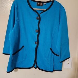 Bob Mackie Wearable Art Teal Blue Button Cardigan New 1X Front Pockets Stretch